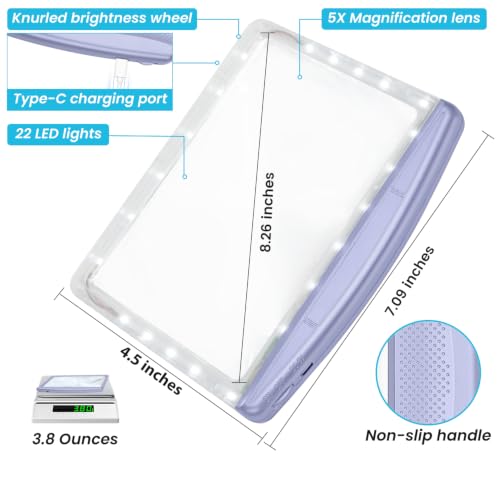 Image of Rechargeable 5X Magnifying Glass for Reading, Large Bright Full Page Magnifier with Light, Handheld LED Dimmable Lighted, Lightweight Book Magnifier for Reading Small Prints Seniors - Purple