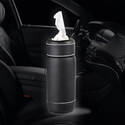 Image of SIAGO SIA135 PU Leather Car Tissue Paper Holder - Cylinder Design, Fits Cup Holder, Ideal for Car, Van, Home & Office (Black)
