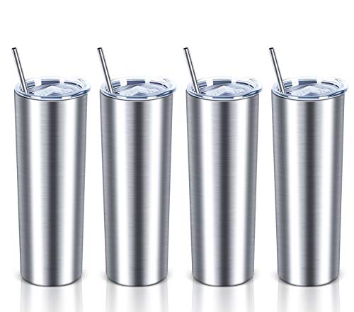 20 Oz Skinny Tumbler Set, Skinny Stainless Steel Tumbler Set with Lids, Insulated Skinny Slim Water Tumbler for Diy, Silver