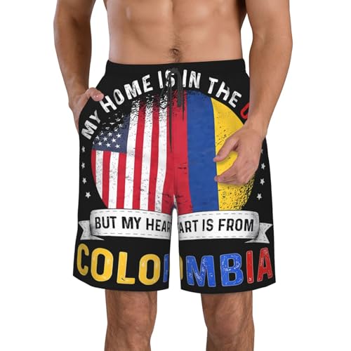 KINGUYSE Colombian American Patriot Heart is from Colombia Flag Men's Beach Shorts Casual Swim Trunks Quick Dry Board Short Hawaii Bathing Suit Elastic Waist Sports Trunk for Surfing Large Black