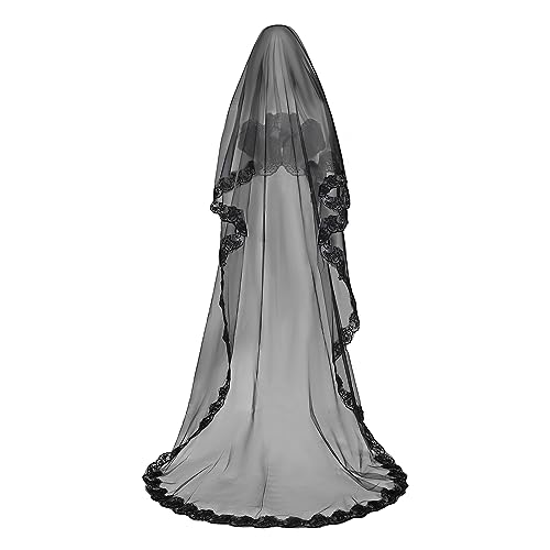 Mantilla novia negra de encaje largo y tul suave de 1/2 nivel con diseño vintage gótico 4