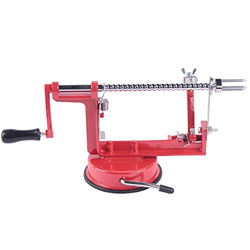 MAISON HUIS 3-in-1 Cast Apple/Potato Peeler Slicer Corer Stainless Steel Blades Red Hand-cranking Machine Durable Heavy Duty Die Cast Magnesium Alloy Peelers Slicer Fruit Vegetable Peeler for Kitchen