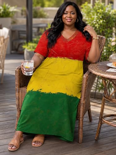 Image of Plus Size Maxi Dress for Women Short Sleeve V Neck Casual Loose Sundress with Pockets