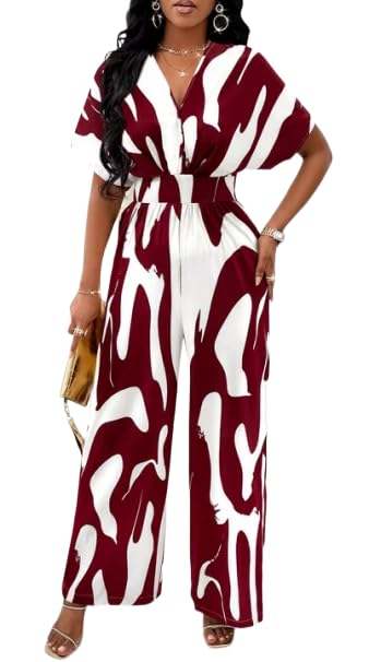 Image of PerZeal Women's V-Neck Short Sleeve Printed Jumpsuit with Pockets - Casual Wide Leg One-Piece Romper for Summer（S-XXL）