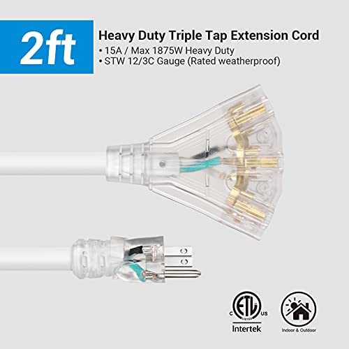 Dewenwils 2 Ft Extension Cord Splitter Outdoor, 12/3 Gauge Short Extension Cable With 3 Electrical Power Outlets, Heavy Duty Power Cable With 3 Prong Led Lighted Plug, Stw 15 Amp, Etl Listed, 3 Pack #TOP29
