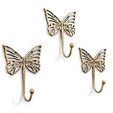 Indian Shelf Solid Brass Butterfly Wall Hooks - Vintage Gold Decorative Hooks for Coats, Backpacks- Cute Heavy Duty Hangers for Kids Room, Entryway, Kitchen, Mudroom - Pack of 3
