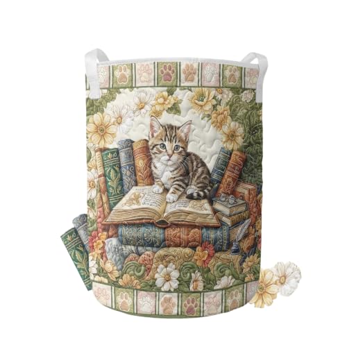 YDTOADDIT Cute Cat Quilted Laundry Basket with Handles, Collapsible Hampers