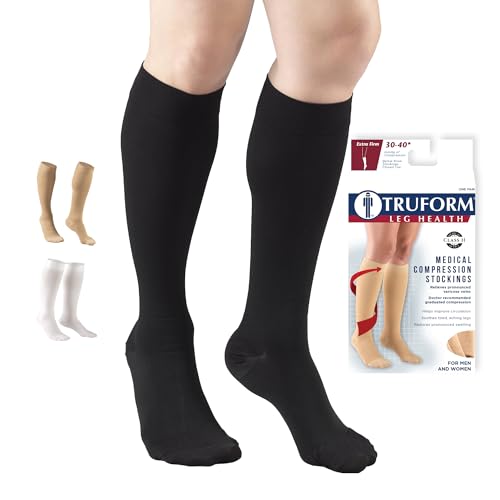 Truform 30-40 mmHg Compression Stockings for Men and Women, Knee High Length, Closed Toe, Black,...