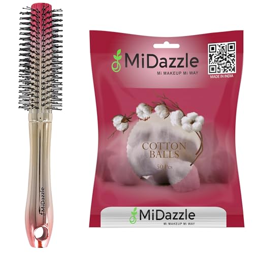 Image of Midazzle Premium Round Hair Brush Set with Cotton Balls, Golden, 2 Pieces