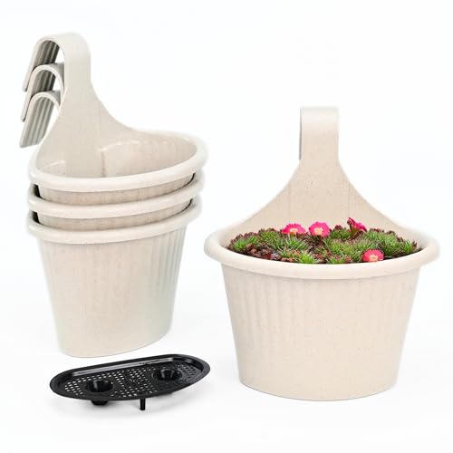 Eha Earth Friendly EcoSling 10 inch Self Watering Hanging Planters for Balcony | Set of 4 Hanging Pots for Plants | Bamboo Based and UV Resistant | Gamla for Plants | Sand Castle