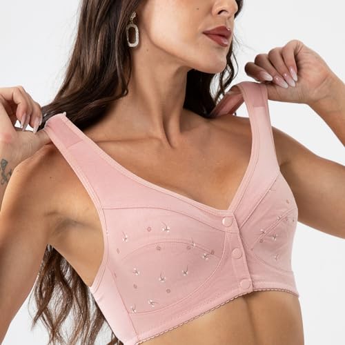 Image of Comfortable Daisy Bra for Seniors,CharmFront Snap Closure Cotton Bras Front Close Bras for Older Women no Wire Pink 36