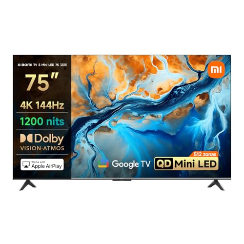 XIAOMI TV S Mini 75', Diseño sin Bordes, Google TV, QD-Mini LED, 1200 nits de Brillo máximo, Alta tasa de refresco 4K de 144 H,Ultra Fluido para Gaming, Dolby Vision IQ & Dolby Atmos,Google Assistant