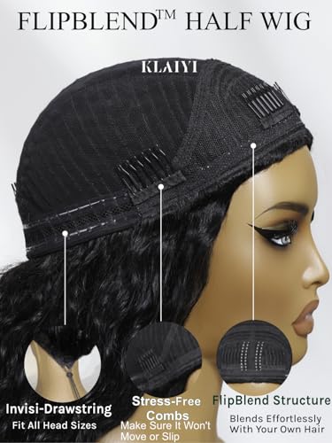 Image of KLAIYI Water Wave 3 In 1 Flip Over 3 /4 Half Wig Human Hair Curly Flip Over Seamless Blend Edges Glueless Wear and Go Drawstring Headband Clip In Wigs for Women Ready to Go Wig Beginner Friendly 16Inch