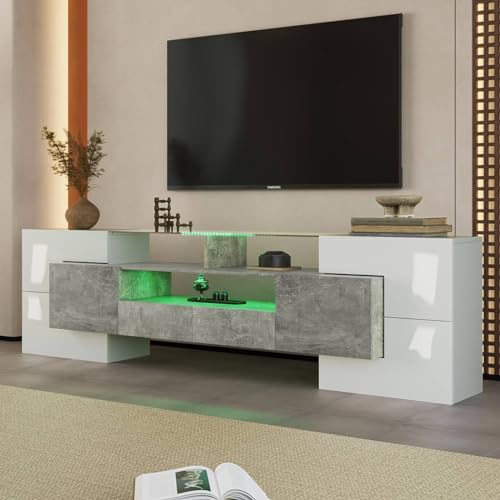 Sweiko Meuble TV bas avec éclairage LED, commode avec beaucoup d'espace de rangement, forme unique avec surfaces en verre, design moderne (blanc brillant et couleur...