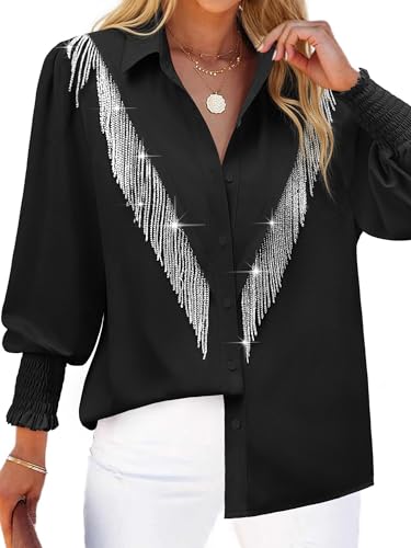 MYMORE Women's ❷⓿❷❺ Smocked Cuffed Western Cowgirl Button Down Shirt Long Sleeve Sparkly Fringe Tops Country Concert Outfit