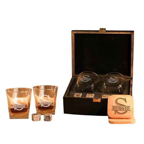 Premium whiskey glasses set in a walnut box