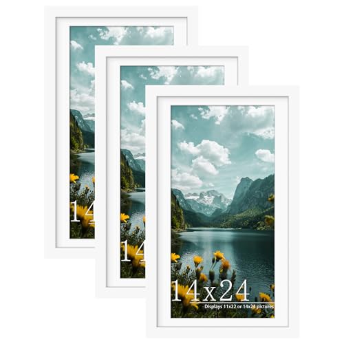 Picrit 14x24 Picture Frame 3 Pack, White Poster Frame, Display Poster 11 x 22 with Mat or 14 x 24 without Mat for Horizontal or Vertical Wall Mounting