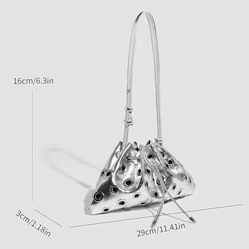 silver y2k purse for women, cool sparkly bucket purse, cute aesthetic fashion bag, small silver clutch bag4