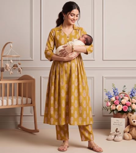 Image of DUMMY SHAPE Maternity Dresses for Women Cotton | Floral Kurta Pant Dupatta Set with Nursing Zippers, Side Pocket | Pre & Post Pregnancy | Feeding Kurti Suit | Baby Shower | Gifts for Pregnant Woman
