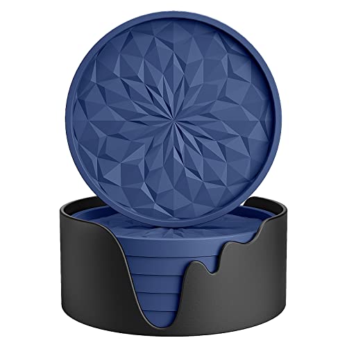 ME.FAN Silicone Coasters with Holder [6 Pack] Drinking Coasters - Cup Mat for Hot or Cold Drinks Thickened Non-Slip Non-stick Deep Tray Navy Blue