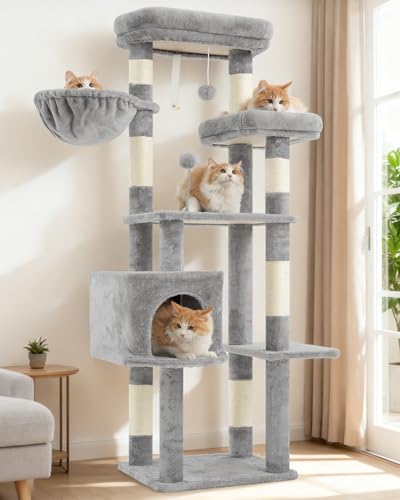 Image of Gitelsnour 55.1'' Cat Tree Tower for Indoor Cats, Large Platform, CCT013W | 7 Sisal Scratching Posts, Multi-level Cat Condo Cat Cave, 2 Padded Perches, Basket, Furry Ball, Toy, Light Gray
