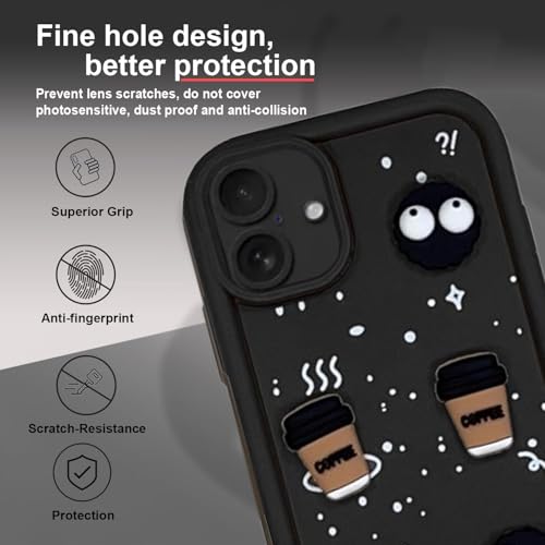 Image of GoldKart Back Case Cover Compatible for iPhone 16 Plus | Cute Fun Cartoon 3D Ball Coffee Silicone Case | Full Body Protection Back Cover for iPhone 16 Plus - Black