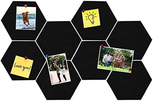 8Pcs Hexagon Felt Cork Board Tiles, Self Adhesive DIY Bulletin Board Pin Board for Office School Home Wall Decor Stickers Memos Photos Display (Black)