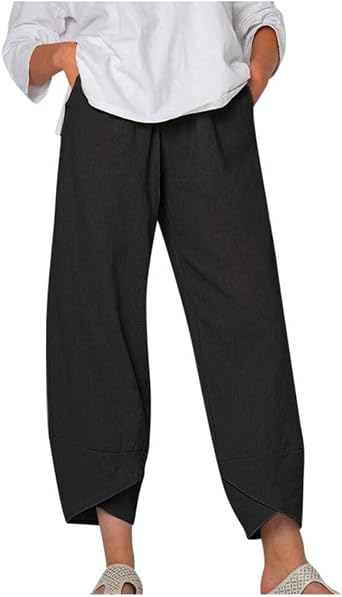 ZOCAVIA Womens Cotton Linen Capri Pants Casual Cropped Baggy Trousers Comfy Loose Palazzo Lounge Pants with Pockets