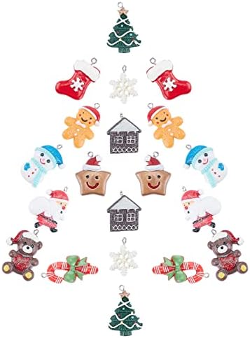 SUNNYCLUE 1 Box 20Pcs 10 Styles Resin Christmas Mini Ornaments Charms Xmas Pendants Snowflake Snowman Tree Hat Festival decor Accessories for Necklace Bracelet Jewelry Making Supplies