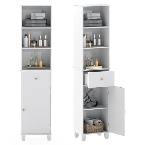 GOPLUS Meuble Colonne Salle de Bain, Armoire Salle de Bain Haute avec 3 Étagères Ouvertes, 1 Tiroir, 1 Placard à Porte, Meuble Rangement Moderne pour Cuisine Salon Chambre, 40x30x172cm (Blanc)