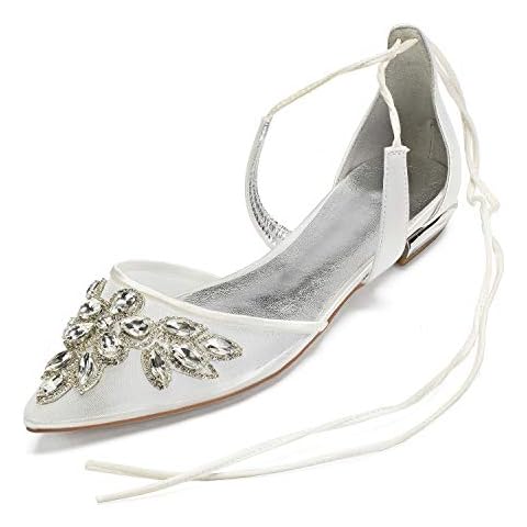 LLBubble Mesh Crystals Wedding Flats Shoes for Bride Pointed Toe Tie Up Formal Party Dress Shoes Summer-Ivory 1-8 Cover