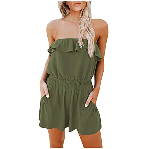 Jumaocio Women Summer Jumpsuits Sexy Strapless Off Shoulder Ruffle Soild Casual Shorts Rompers(Army Green,L) #TOP6