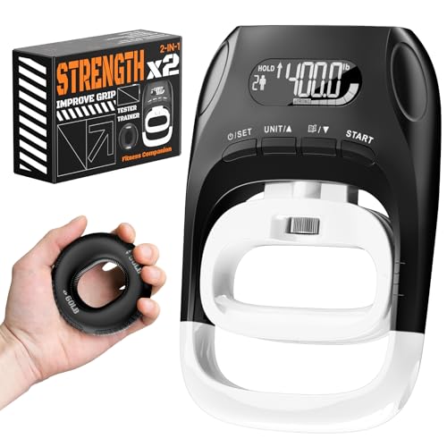 Grip Strength Tester & Trainer 2-in-1 Combo Set-Digital Hand Dynamometer with LCD Display Max 400lb/180kg Capacity Resistance Ring with Ergonomic Design for Sports Gym Home & Rehab