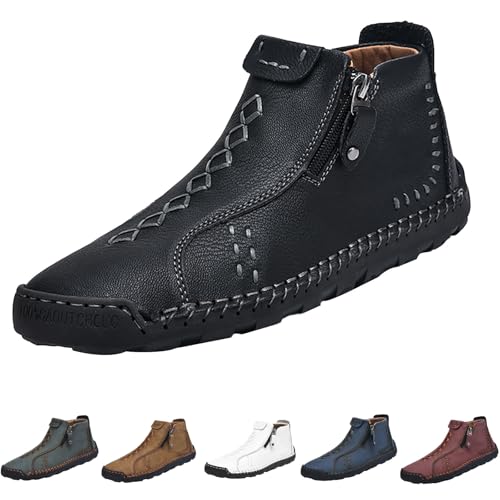 Läder ankelstövlar män läderskor män sportiga promenadskor halkfria fritidsskor lätta träningsskor platta sula komfortskor retro vandringsskor bekväma joggingskor casual, svart, 40 EU