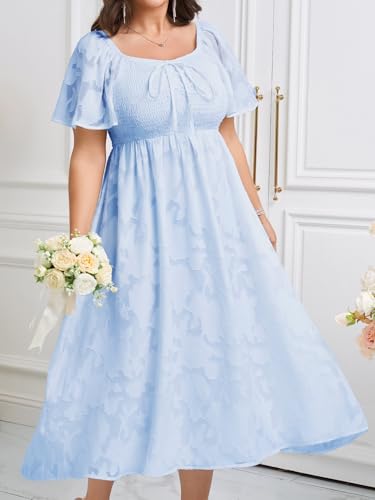 Image of SCOMCHIC Women's Plus Size Formal Dresses Square Neck Short Sleeve Lace Floral Smocked Flowy Long Maxi Wedding Guest Dress
