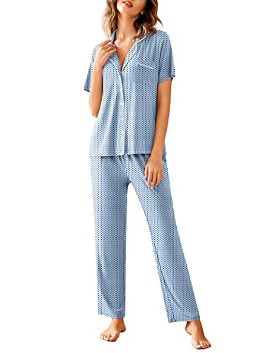 Avidlove Women Pajamas Set Notch Collar Soft Sleepwear Pjs Short Sleeve Button Down Nightwear with Long Pants