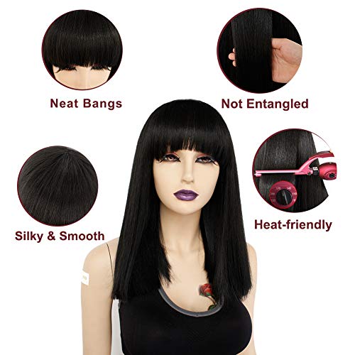 Ebingoo 14 Inches Short Black Wigs With Bangs For Women Black Bob Wigs Straight Black Synthetic Wig Shoulder Length Heat Resistant Wig For Daily Wear Party(With Wig Cap) #TOP2