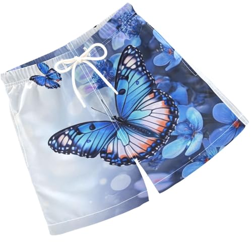 Pigsaly Boys Swim Trunks Flowers Blue Butterfly Boys Board Shorts Swimsuit Swimwear Summer Bathing Suit S