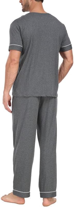 CF Mens Pajamas Set Cotton Sleepwear Soft Short Sleeve Pjs Comfy 2 Piece Nightwear V-Neck Long Pants Loungewear with Pockets - Image 3