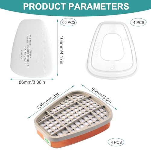 6001 Filter für Atemschutzmaske Set, Filter gegen Organische Dämpfe Set, Baumwollfilter Filters, 60 Filterbaumwolle + 4 Filter und 4 Abdeckkappen für Handwerker, Heimwerker, Farbspritz