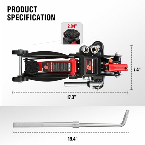 Image of DNA Motoring Floor Jack with Socket and Lock, Low Profile Hydraulic Trolley Jack for Cars Lift, 2 Ton (4000 lbs) Capacity, Lifting Range 5.12 inch-13 inch, Red, TOOLS-00677-RD
