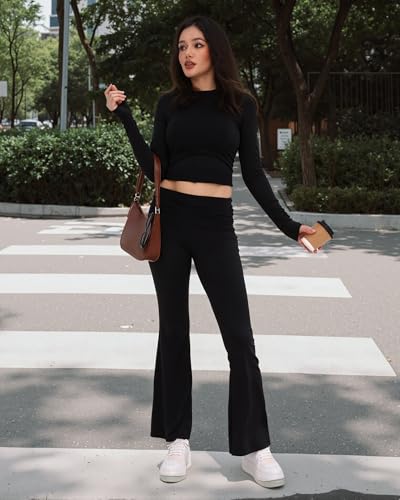 Image of ZOOSIXX Lounge Sets for Women - 2 Piece Outfits Crop Tops with Fold Over Flare Leggings Fall Loungewear Fitted Pajama