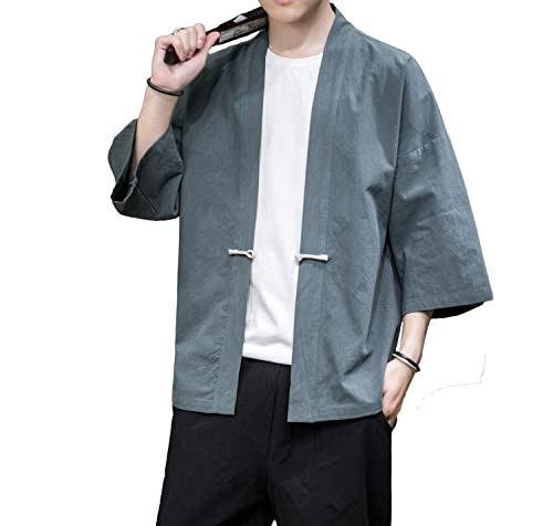 Image of Mens Kimono Cardigan Cotton Linen Japanese Shirt 3 /4 Sleeve Haori Yukata | Skin-Friendly Solid Color Lightweight Shawl Collar Kimono Robe Embroidery Button Tie Pockets Happi Coat All Season Daily Wear