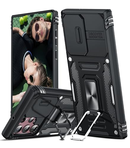LeYi for Samsung Galaxy S22 Ultra Phone Case with Camera Lens Cover Slider and Ring Stand Holder Military Grade Hard Protective Cover Tough Armour Case for Samsung Galaxy S 22 Ultra Black