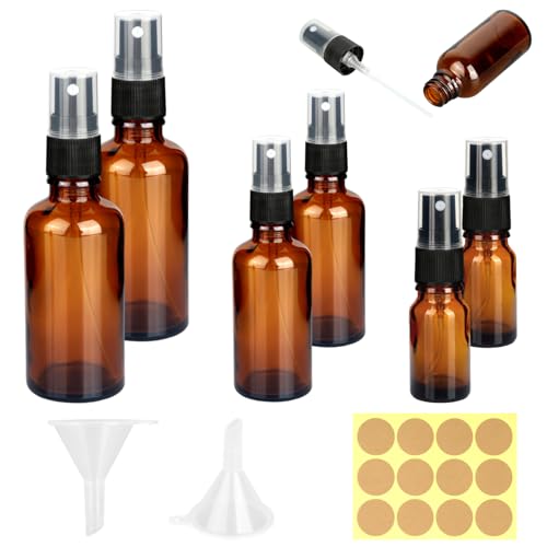 6 Piezas Botellas De Spray De Vidrio ámbar Vacías, 10ml/30ml/50ml Botella Pulverizadora De Cristal con Embudo Y Pegatinas, Frasco Pulverizador De Vidrio Marrón para Perfume, Aceites Esenciales