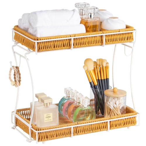 Bathroom Organizer Countertop Perfume Organizer Makeup Organizer Cosmetics Storage Display Rack Vanity Tray, Handwoven Imitation Rattan Tray Perfume Holder for Dresser, Kitchen, Counter (White)