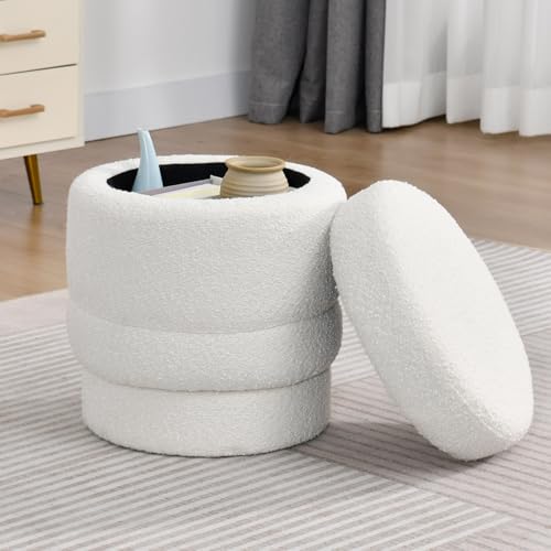 Duhome Taburete otomano redondo con espacio de almacenamiento, taburete con tapa, para dormitorio, salón, pasillo, color blanco