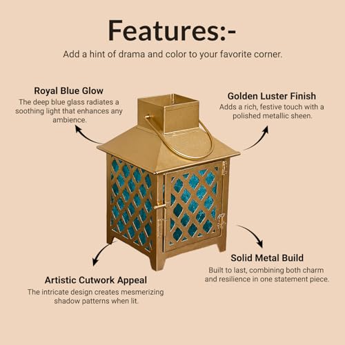 Image of MARKET 99 Metal & Glass Lantern Candle Holder with Blue Glass | Decorative Hanging & Tabletop Lantern for Diwali, Christmas, Weddings & Festive Home Decor | Golden & Blue Finish