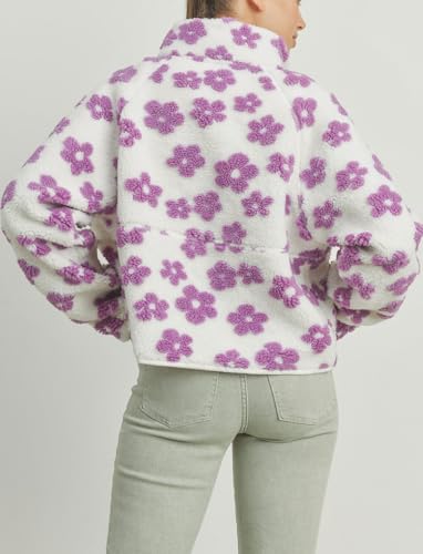 chouyatou Women's Fall Winter Casual Cute Floral Fleece Jacket Fuzzy Zip Up Sherpa Jacket Faux Fur Coat2