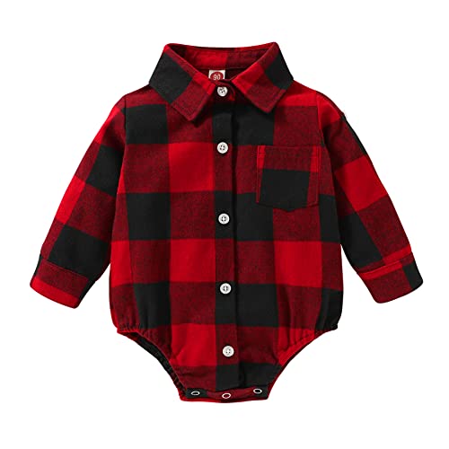 Image of HAPPYMA Newborn Baby Boy Girls Plaid Outfit Flannel Romper Tops Infant Long Sleeve Button Down Plaid Casual Bodysuit Clothes